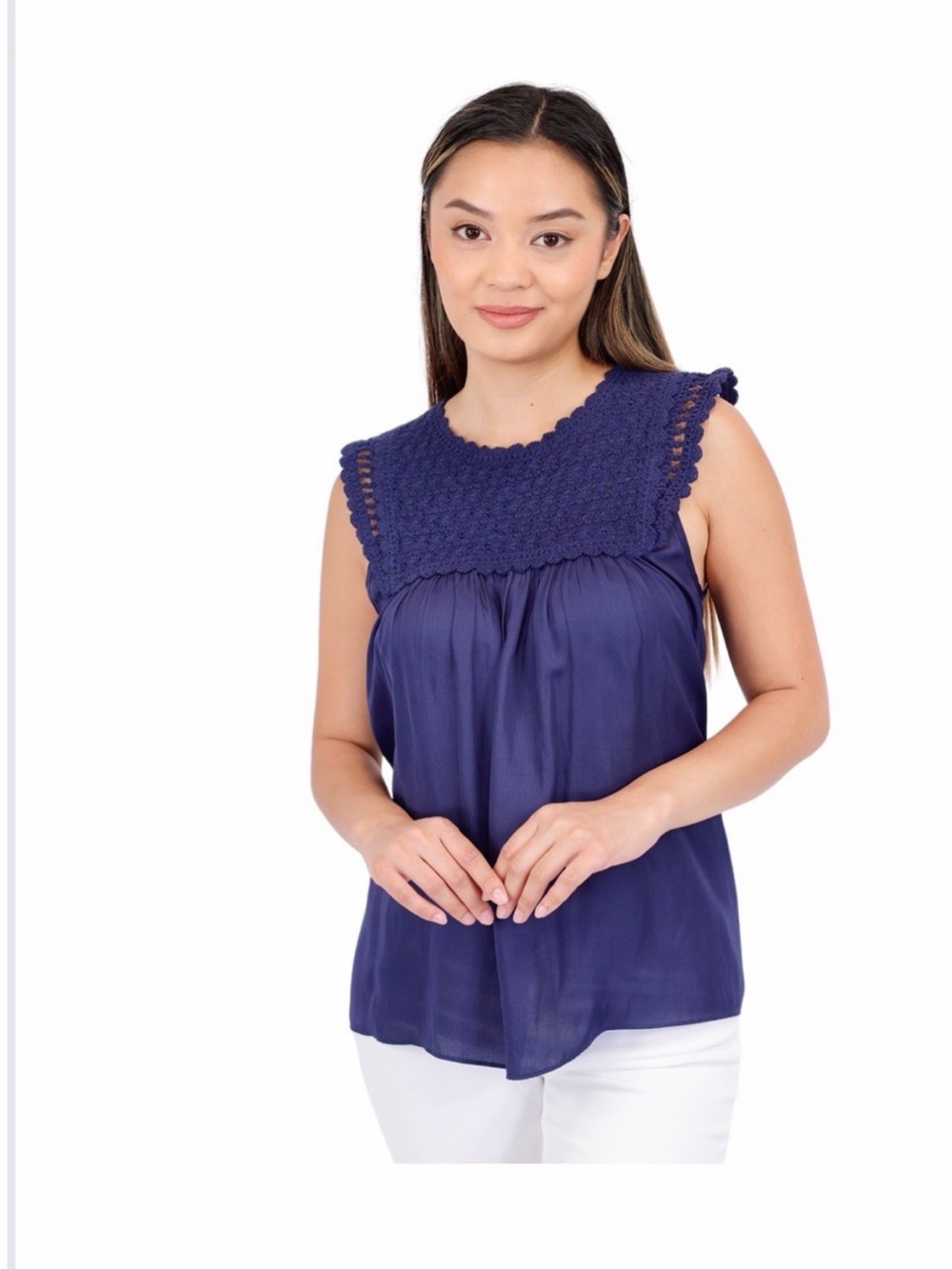 Sleeveless Navy Crochet Yoke Tank Top